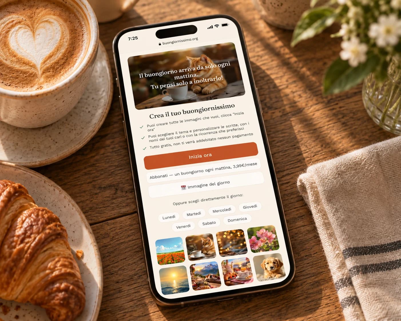 Smartphone con Buongiornissimo.org aperto accanto a cappuccino e cornetto