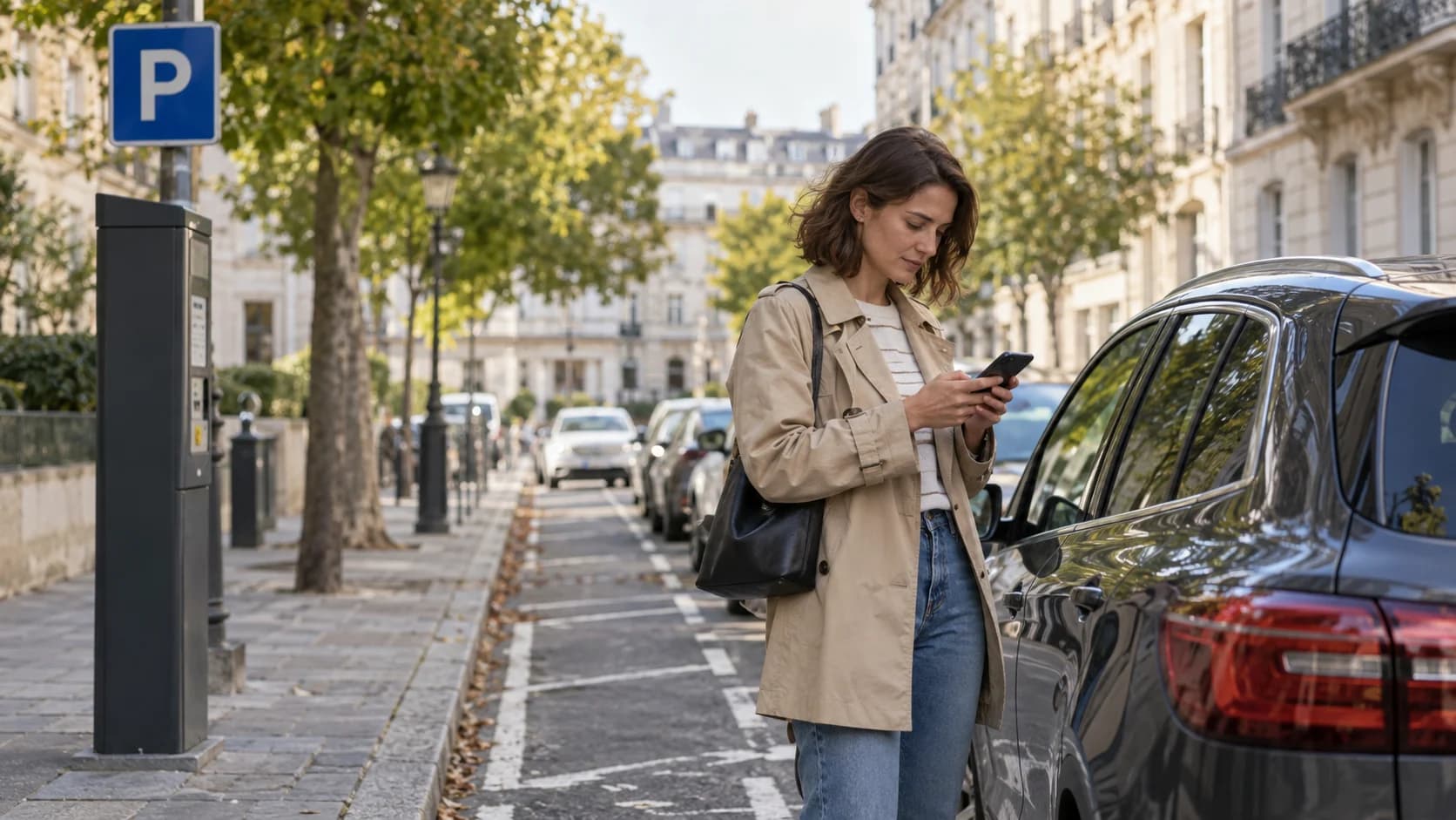 Donna accanto all’auto mentre gestisce la sosta dallo smartphone