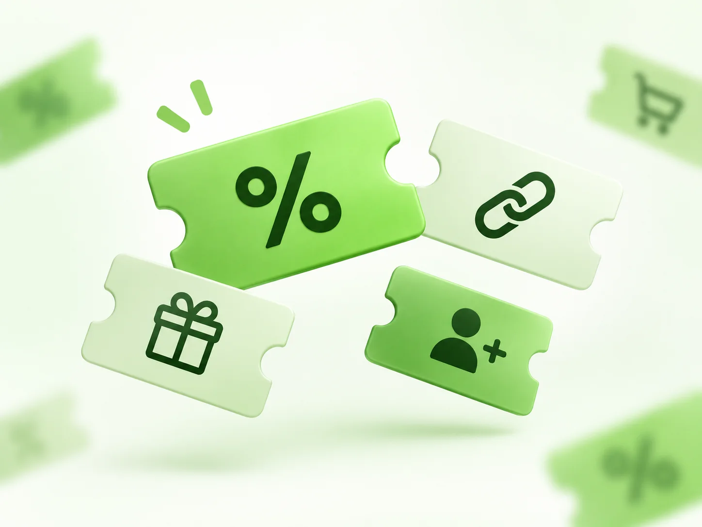 Coupon grafici che rappresentano sconto, link, bonus e referral