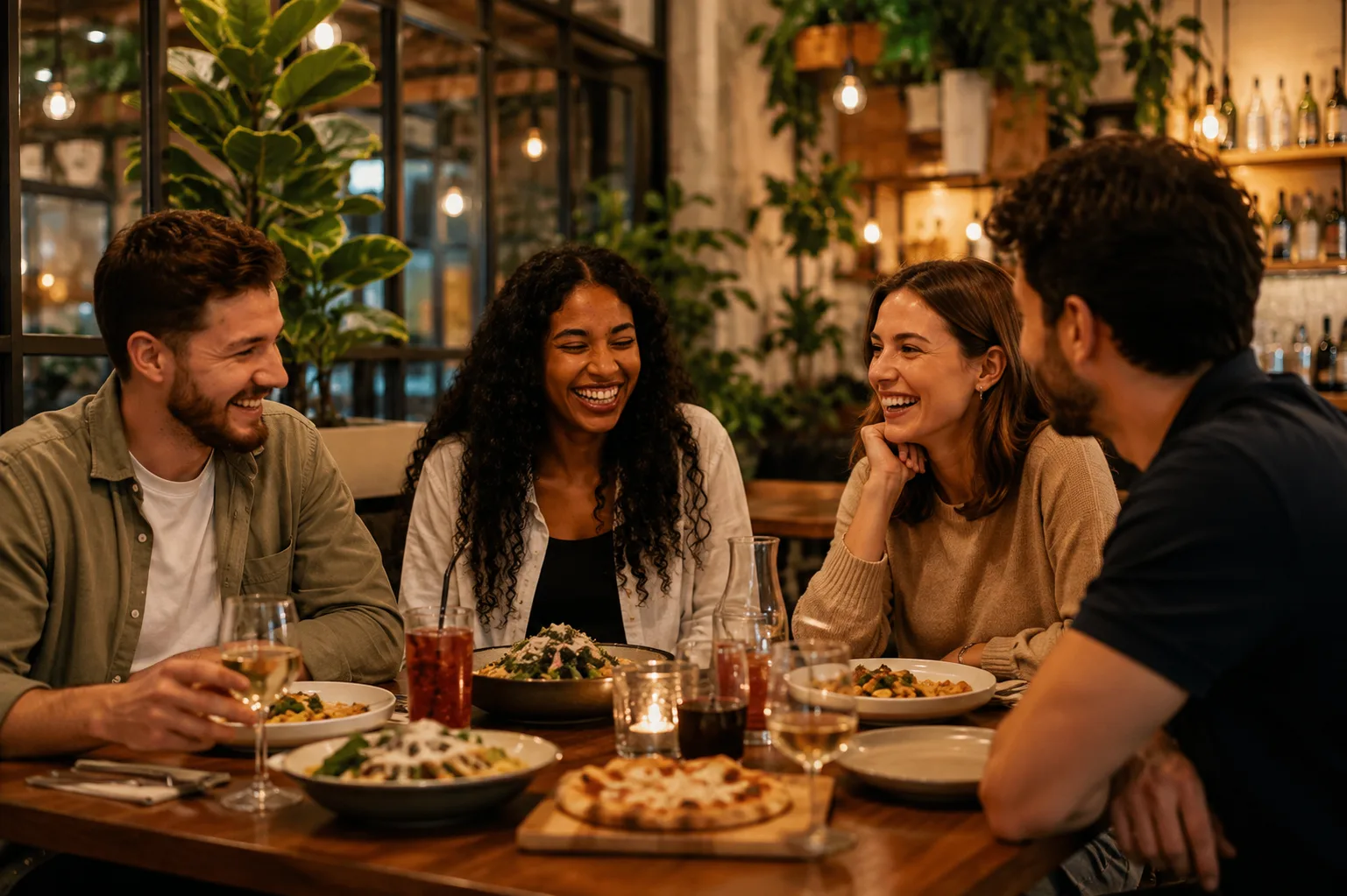 Amici a cena insieme al ristorante