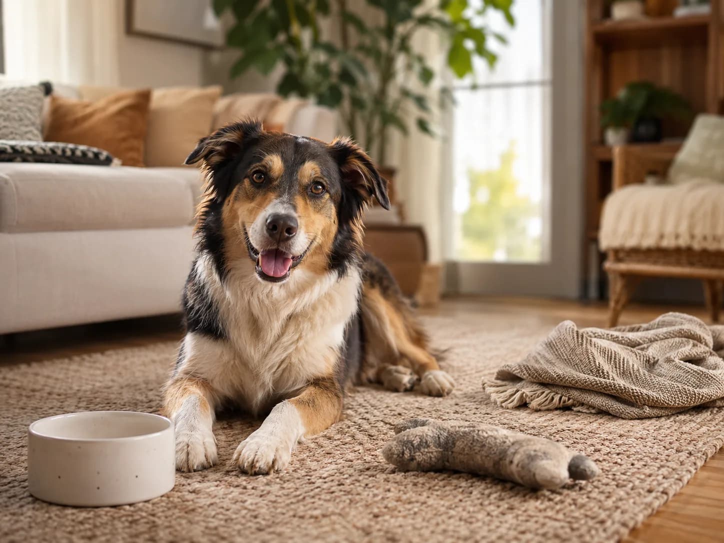 Cane con ciotola e gioco in casa