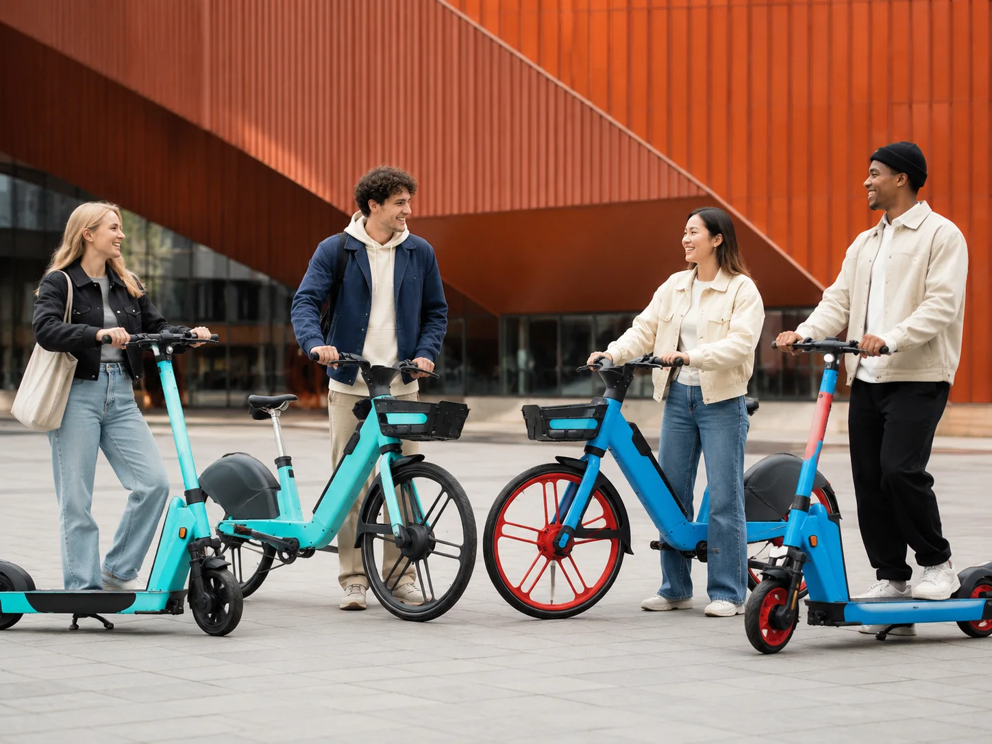 Quattro persone con monopattini ed e-bike Dott davanti a un edificio