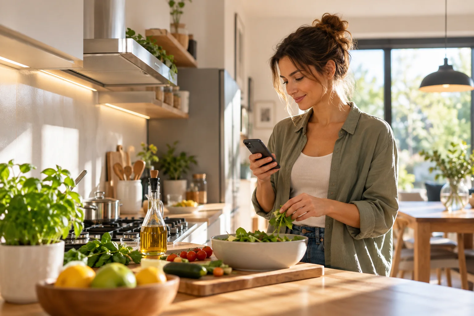 Donna che utilizza lo smartphone in una cucina domestica luminosa
