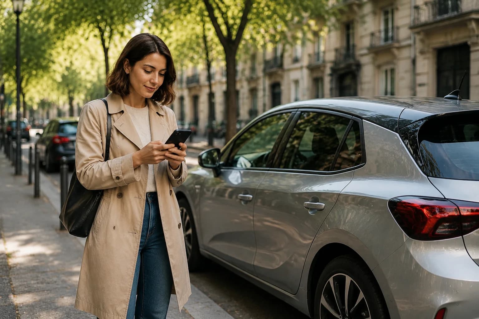 Donna che usa lo smartphone accanto a un’auto in città