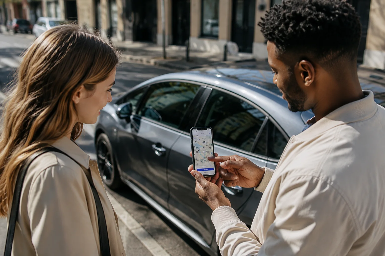 Due persone consultano l’app di car sharing vicino a un’auto