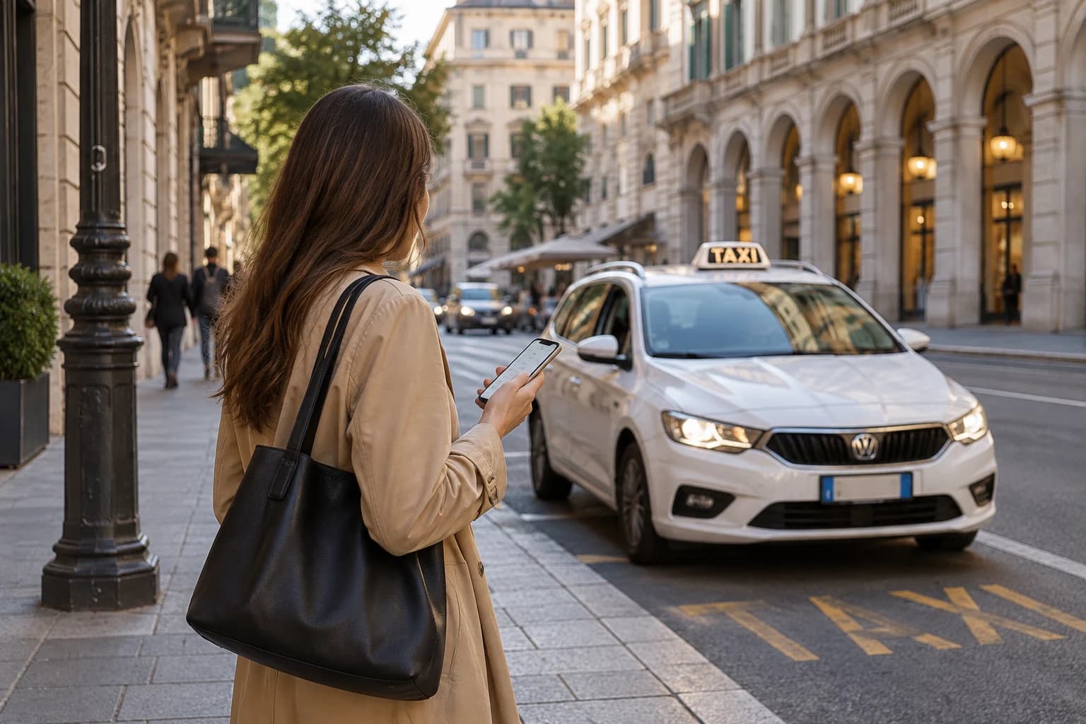 Persona che usa lo smartphone mentre arriva un taxi, esempio di prenotazione con Freenow
