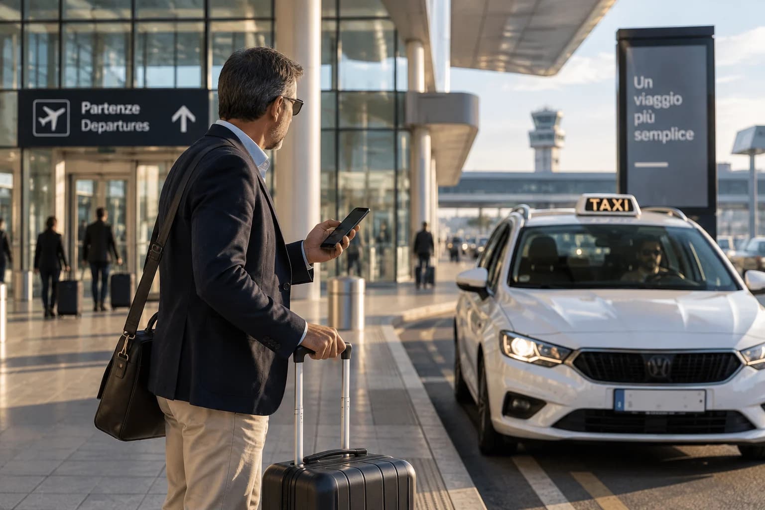 Viaggiatore con valigia e smartphone mentre attende un taxi in aeroporto, esempio di prenotazione Freenow in anticipo