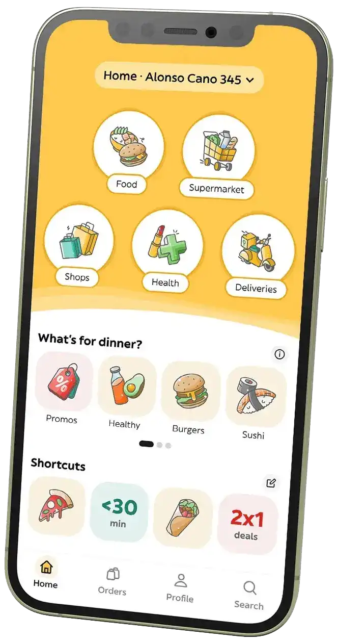 Schermata dell'app Glovo con categorie e offerte disponibili