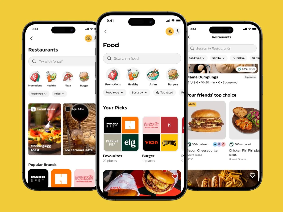 Schermate dell'app Glovo con ristoranti e offerte disponibili