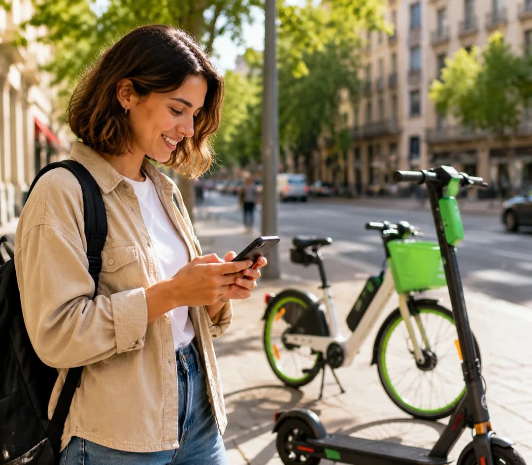 Donna consulta lo smartphone accanto a una bici elettrica e a un monopattino Lime