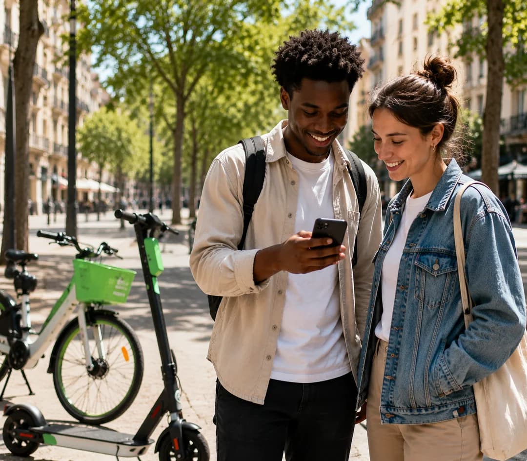 Due persone consultano Lime sullo smartphone vicino a bici e monopattini condivisi