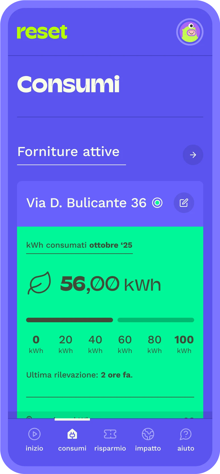 Schermata del monitoraggio dei consumi elettrici nell'area clienti Reset Energia.