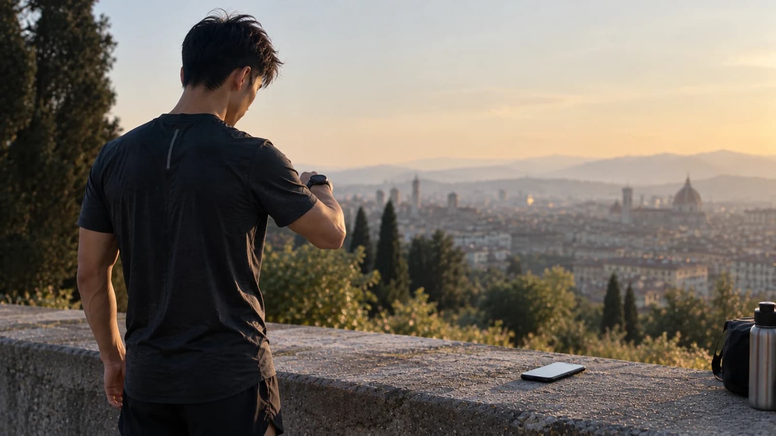 Runner con smartwatch e smartphone per la sincronizzazione degli allenamenti tra Runna e Strava