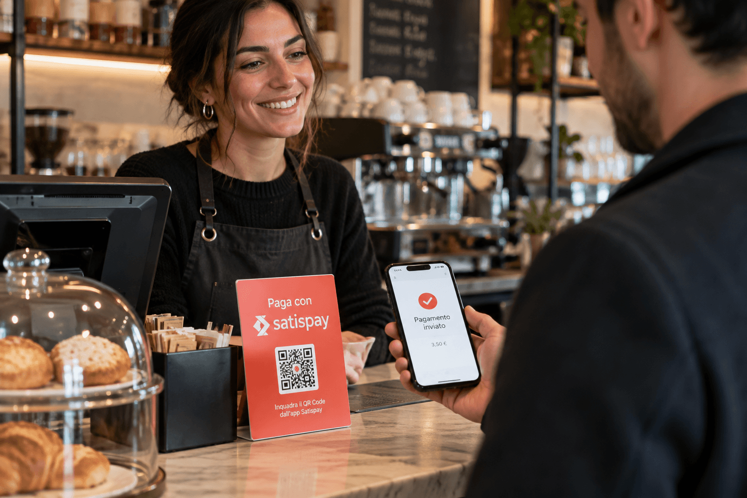 Pagamento con Satispay al banco di una caffetteria